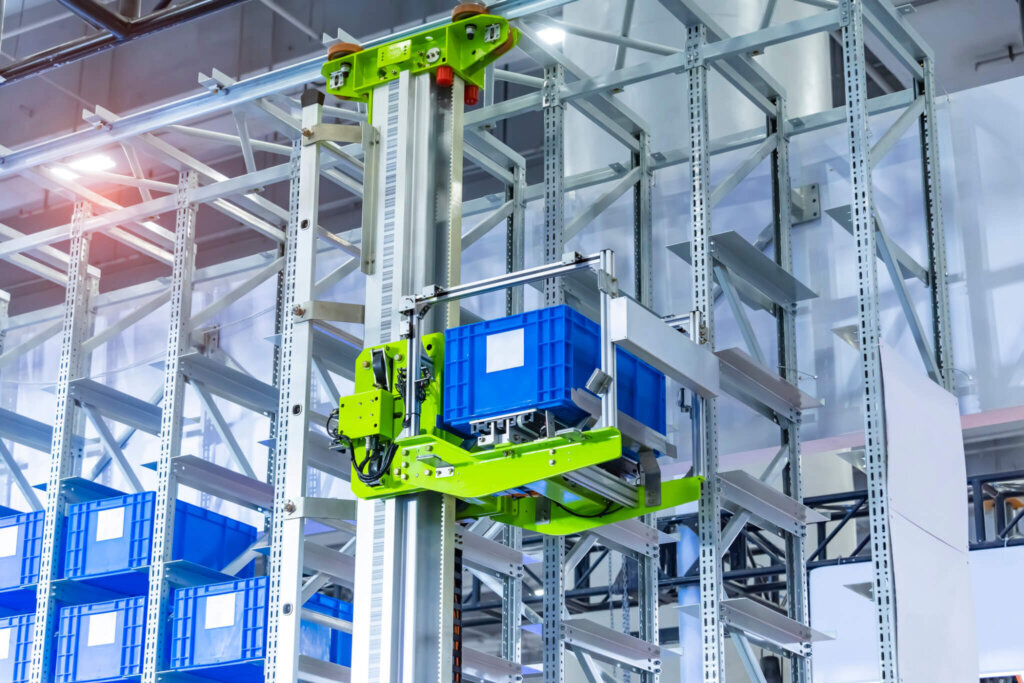 plastic boxes in the cells of the automated warehouse. Metal construction warehouse shelving